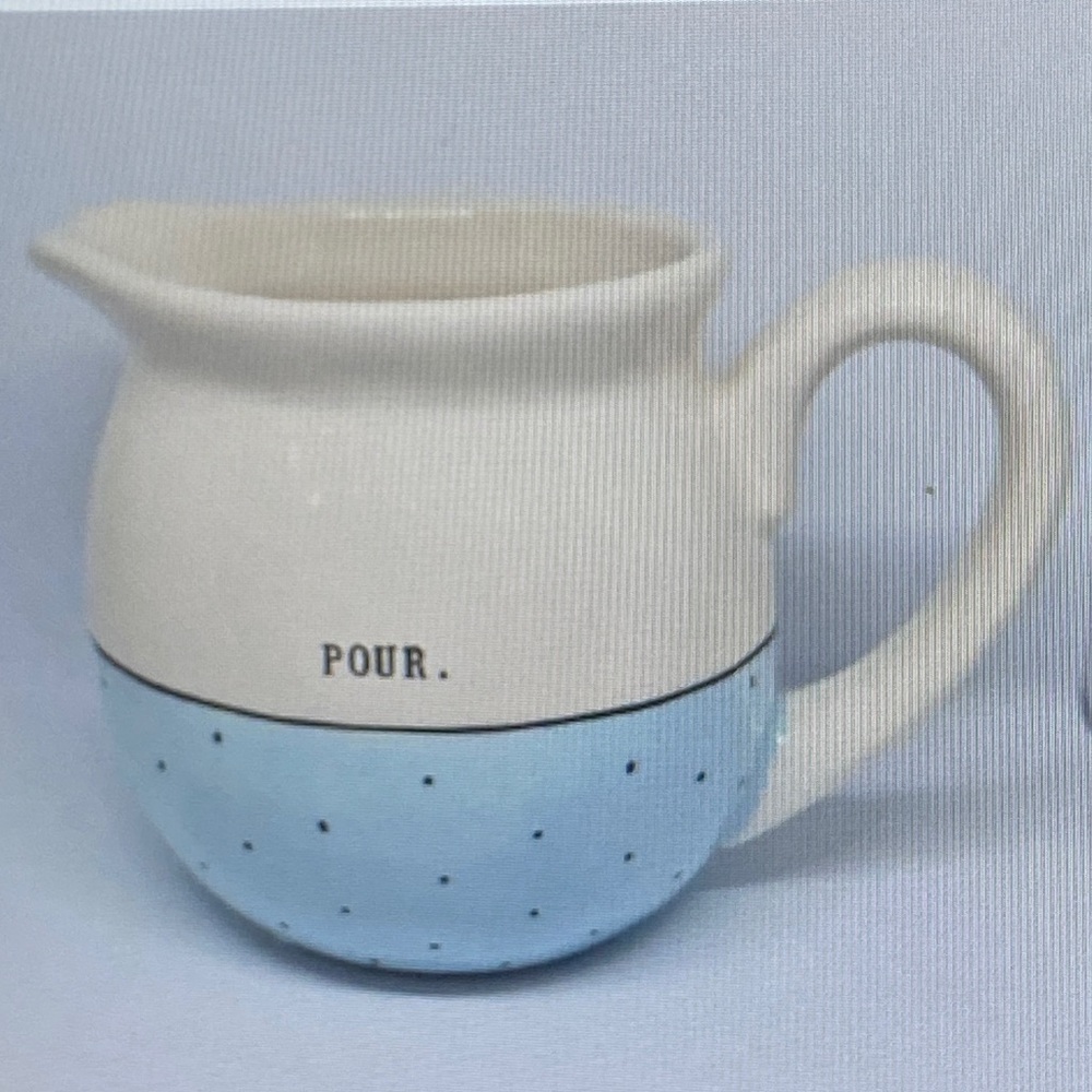 Rae Dunn Cream and Blue 'POUR' Pitcher